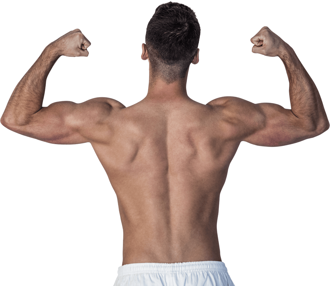 Transparent Back View Muscular Man Flexing Biceps