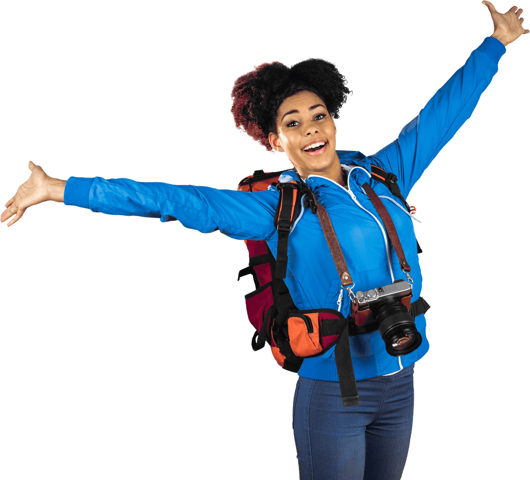 Ecstatic Traveler with Camera Celebrating Adventure Transparent Background