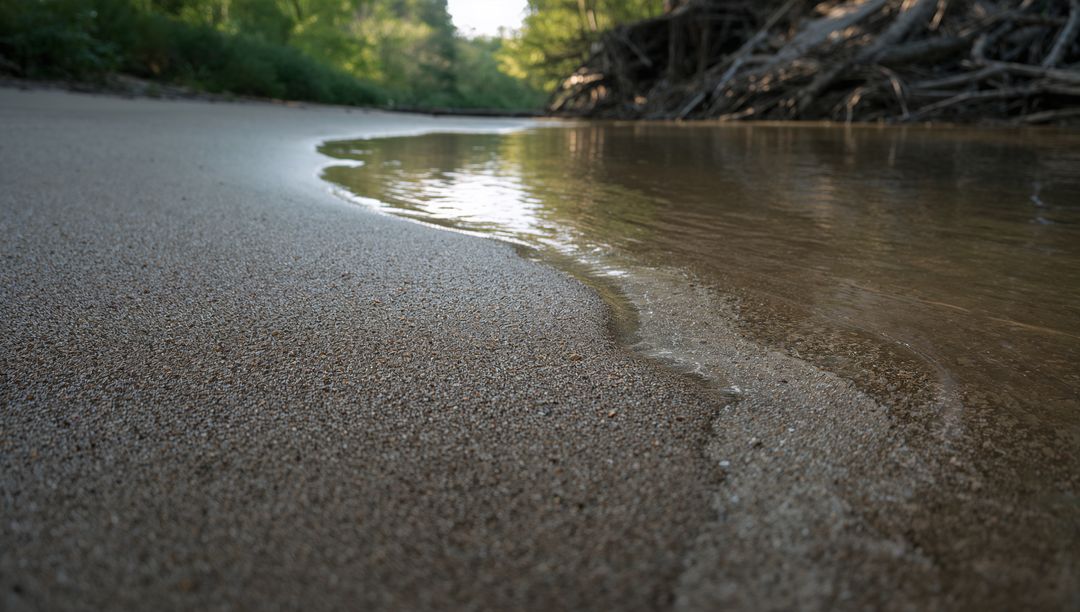 Curving Sandy Creek Shoreline with Clear Shallow Water, Pebble Texture and Exposed Roots