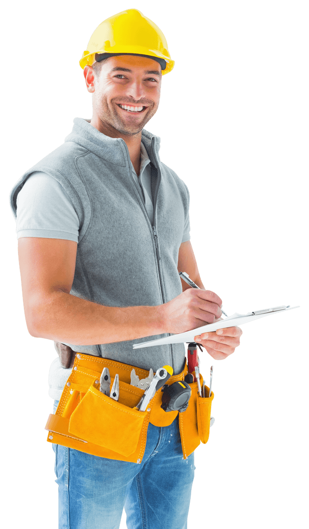 Transparent Smiling Handyman with Tool Belt and Clipboard