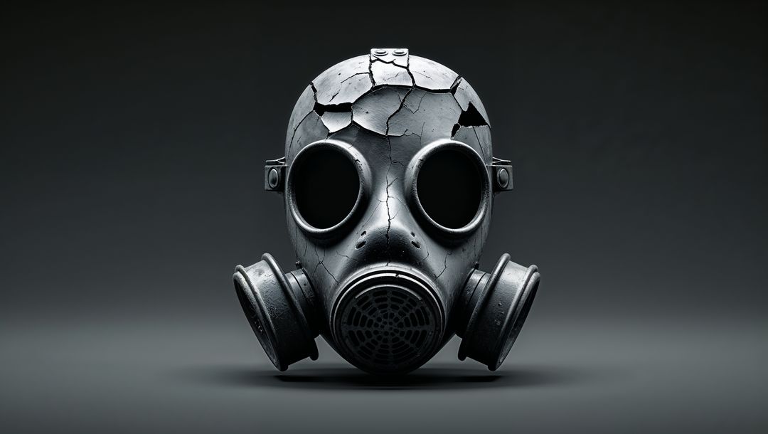Apocalyptic cracked gas mask with dual filters on dark table