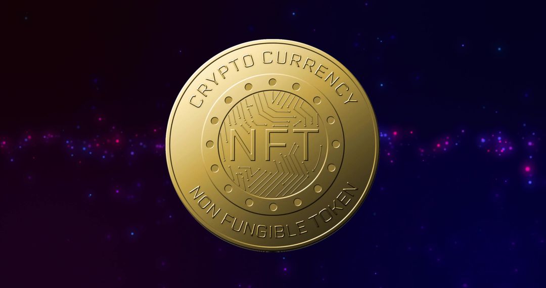 Floating Gold NFT Coin Gleaming In Purple Nebula Background With Circuit Detail