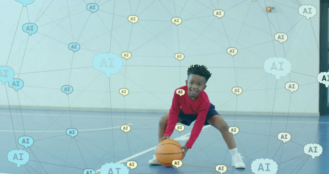 Young Athlete Practicing Basketball with AI Digital Overlay