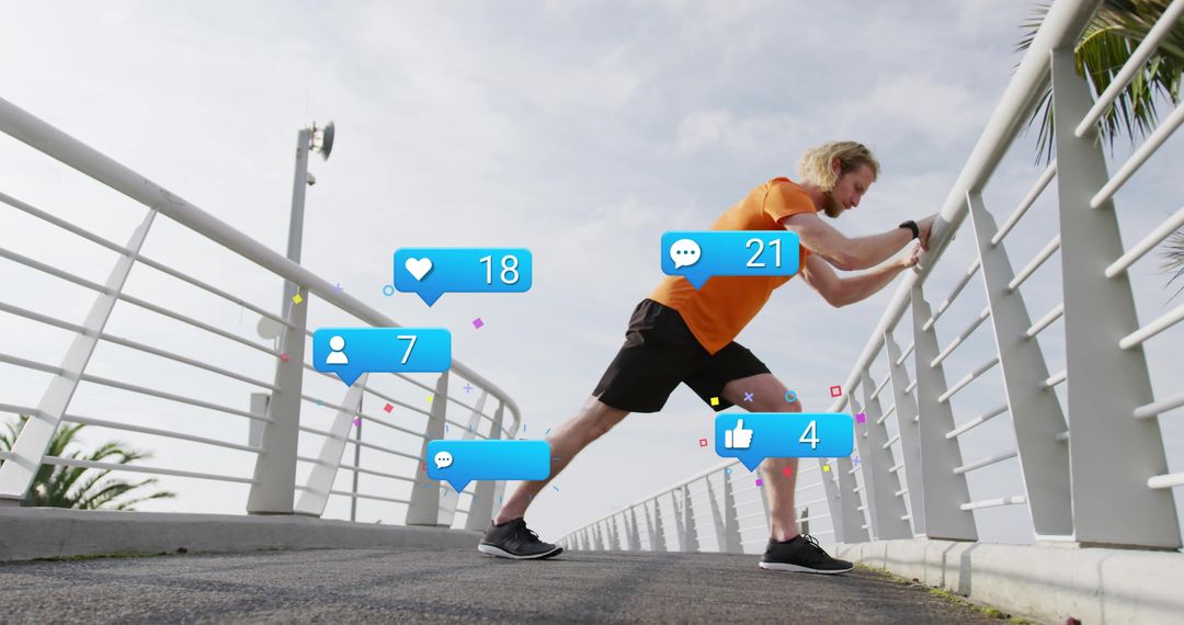 Man Stretching on Bridge with Virtual Social Media Notifications