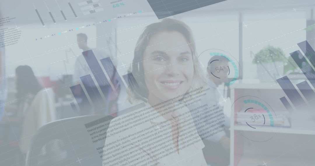 Smiling Businesswoman with Analytics Interface in Modern Office