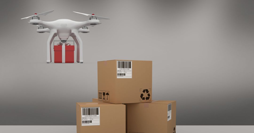Delivery Drone Transporting Package Above Cardboard Boxes - Free Images, Stock Photos and Pictures on Pikwizard.com