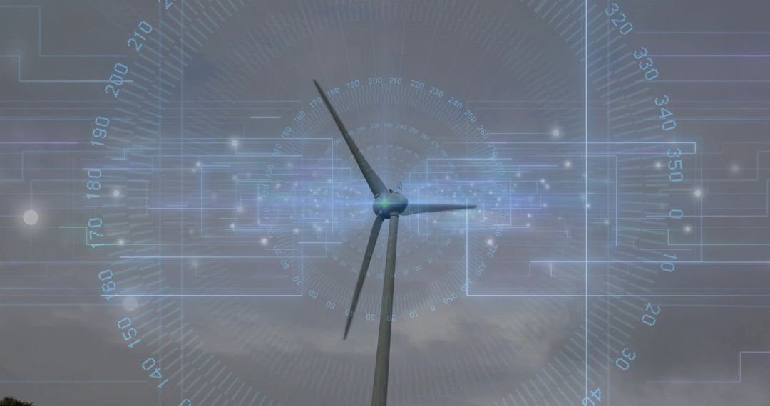 Wind Turbine with Digital Interface Overlay and Cloudy Sky