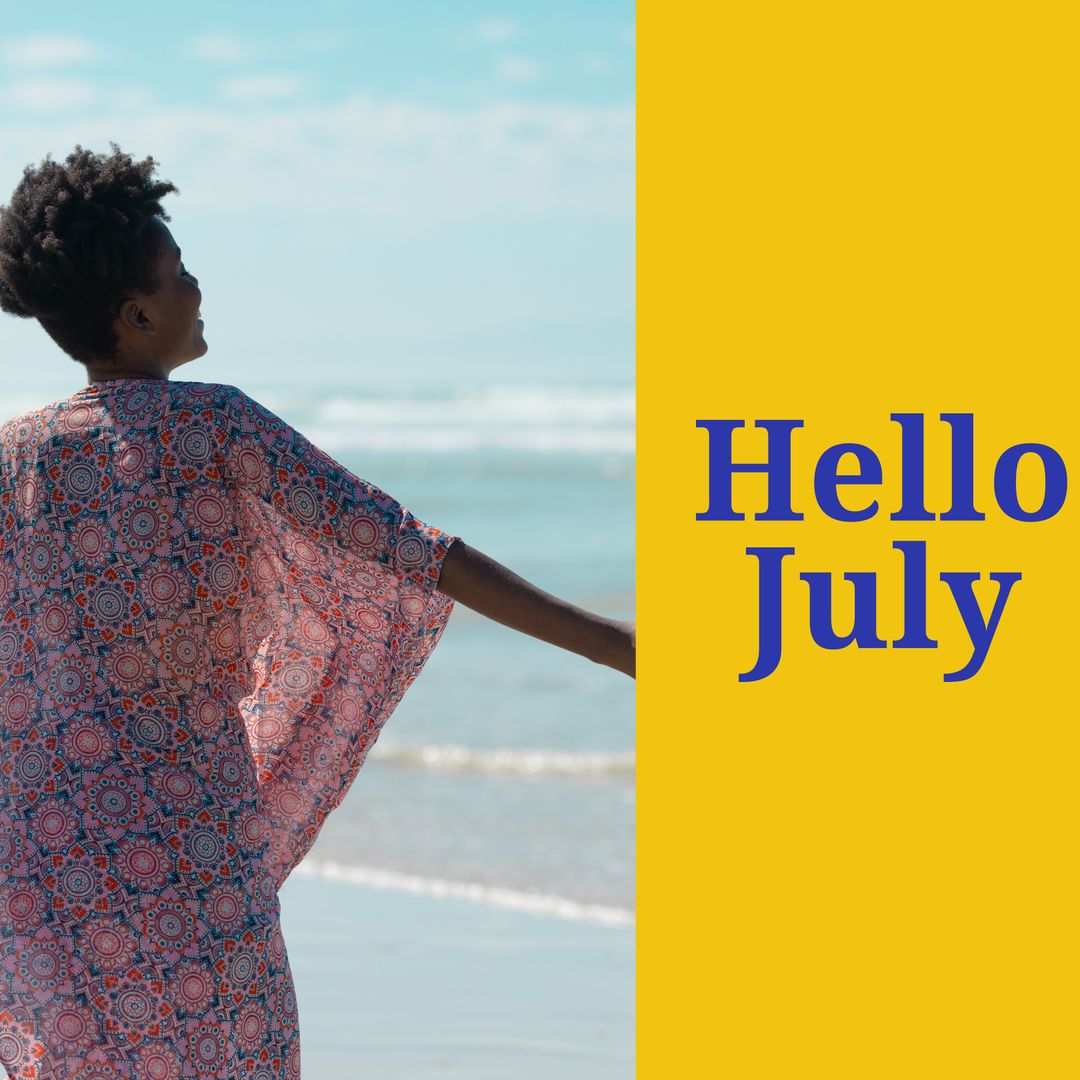 Woman Enjoying Ocean Breeze in Summer with 'Hello July' Text