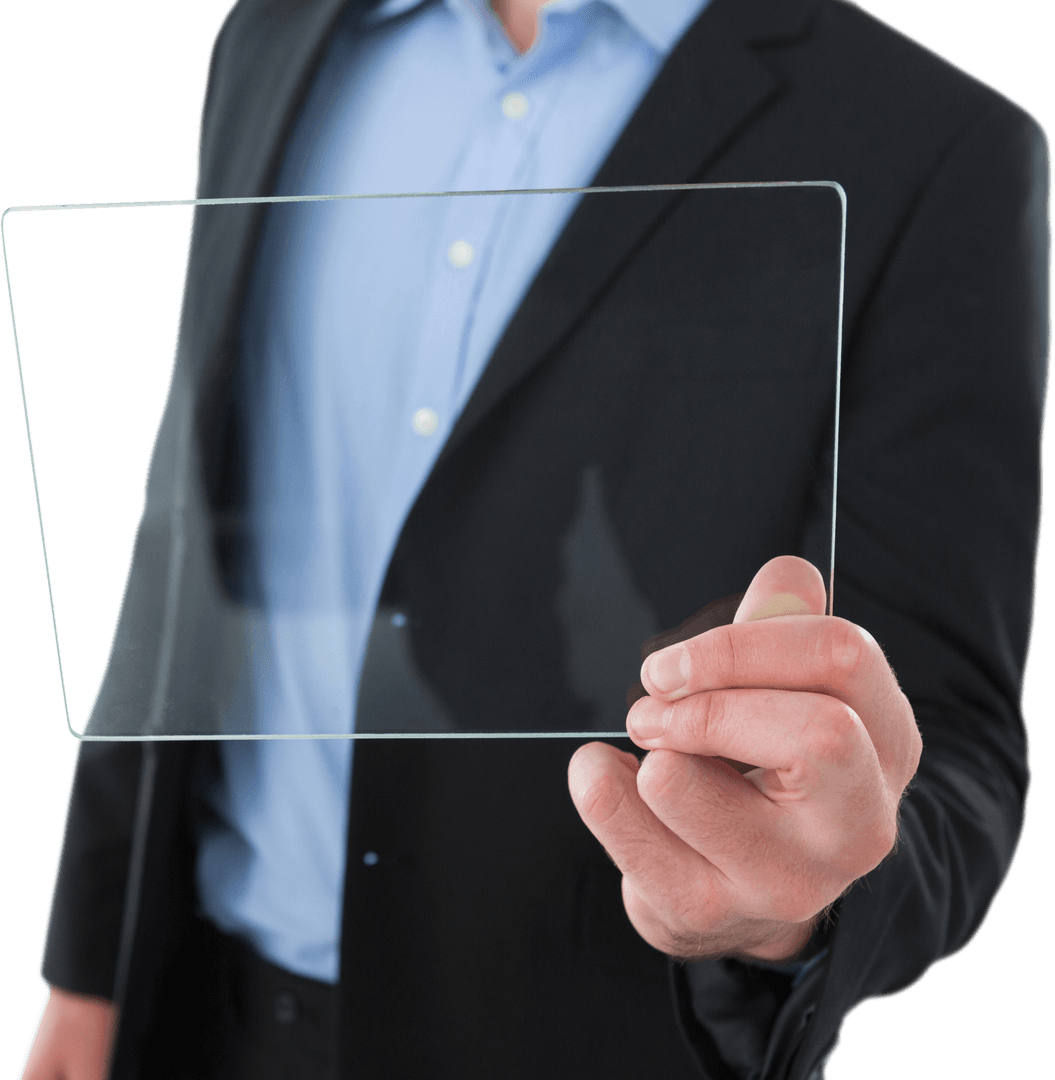 Businessman Holding Transparent Glass Interface