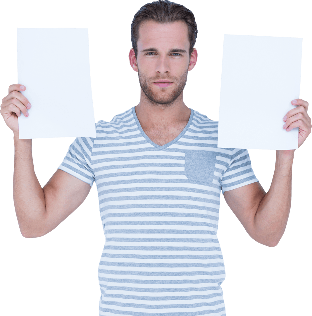 Confident Man Presenting Blank Transparent Papers for Mockups