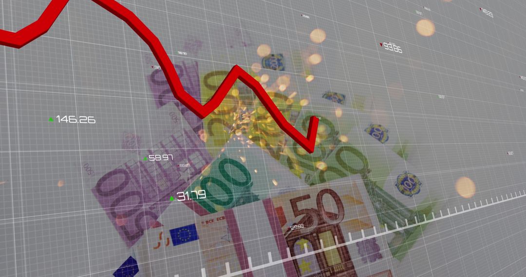 Falling Market Graph Overlaid on Euro Banknotes and Burning Sparks