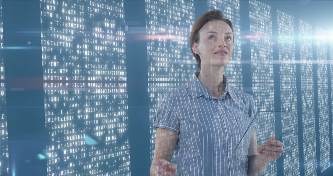 Woman Interacting with Futuristic Virtual Interface in Tech Environment