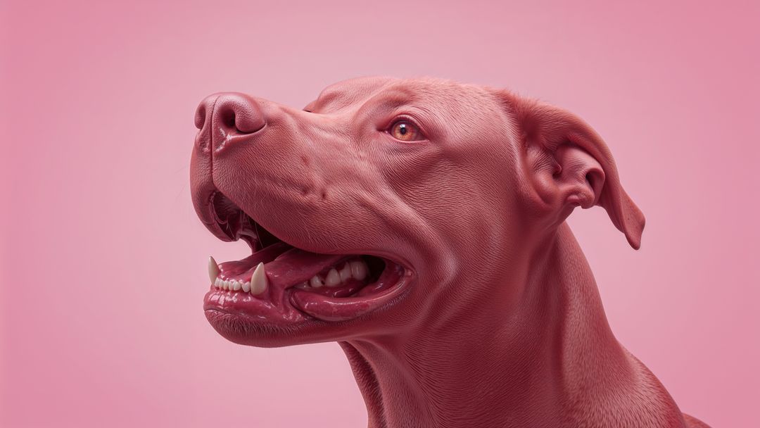 Pink barking dog head with open mouth and upwards gaze on seamless backdrop