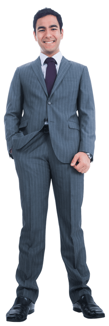Smiling Biracial Businessman Wearing Pinstripe Suit on Transparent Background