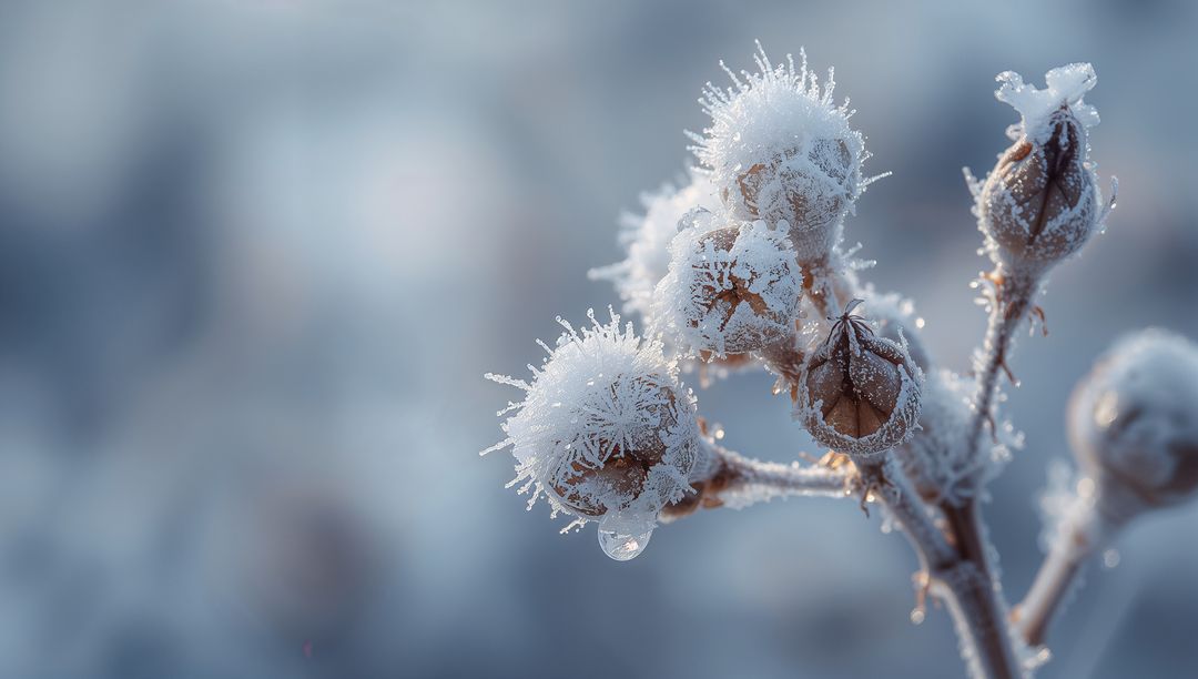 Frosted Seed Pods Glinting with Hoarfrost Crystals and Hanging Droplet Macro