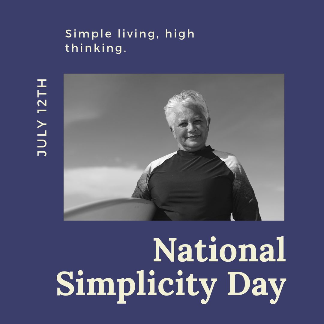 Happy Senior Woman with Surfboard Celebrating Simplicity Day