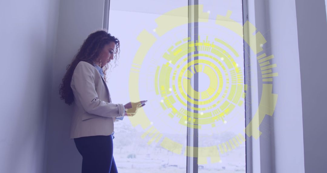 Business Woman Using Smartphone with Digital Interface