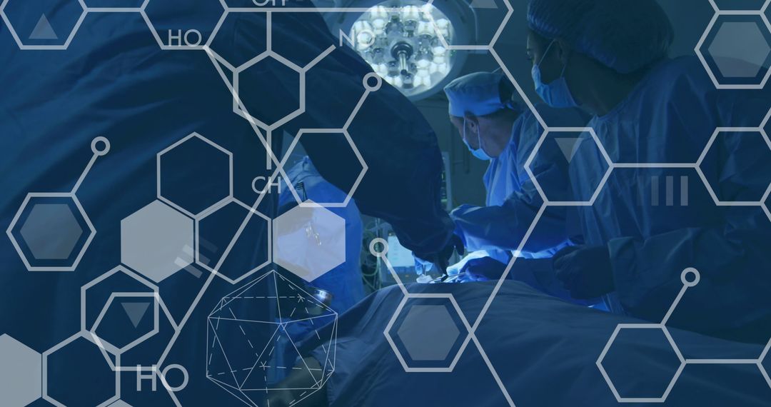 Team of Surgeons Operating with Superimposed Chemical Compounds