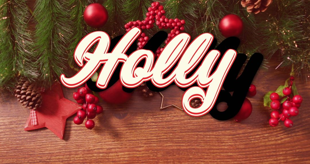 Festive Holly Sign with Evergreen and Berries on Rustic Table