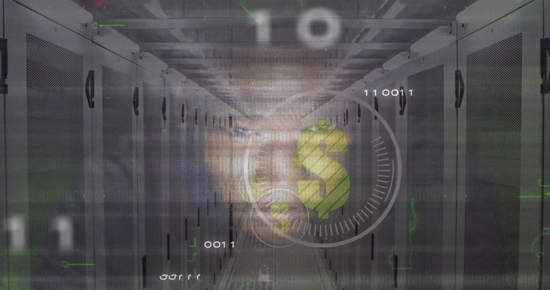 Futuristic Server Room with Digital Binary and Dollar Sign Overlay