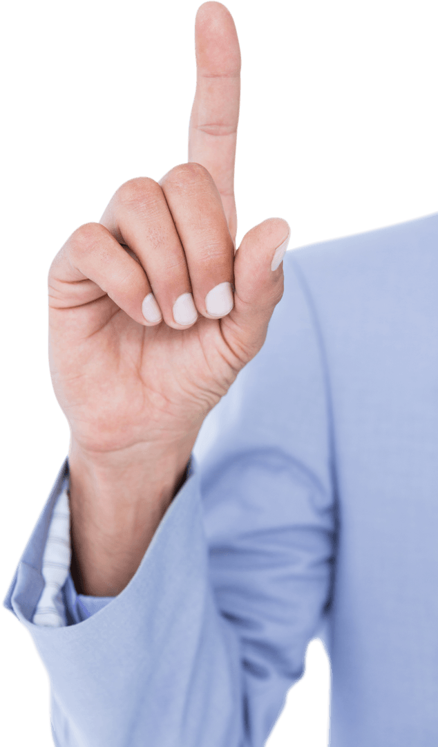 Transparent Hand Making Pointing Gesture in Light Blue Suit