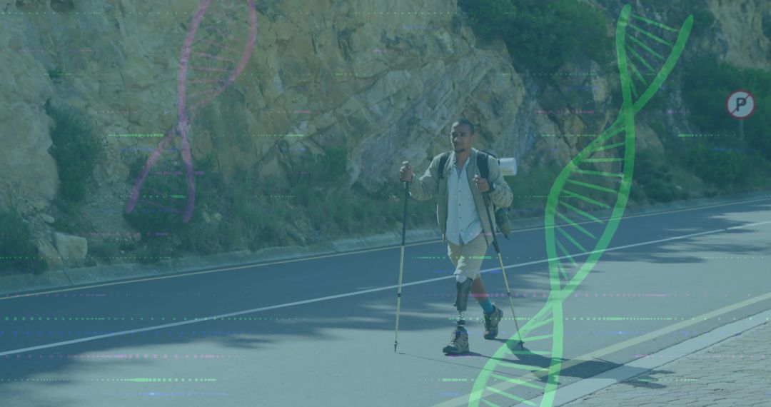 Man Walking with Prosthetic Limbs Amidst DNA Strand Overlay