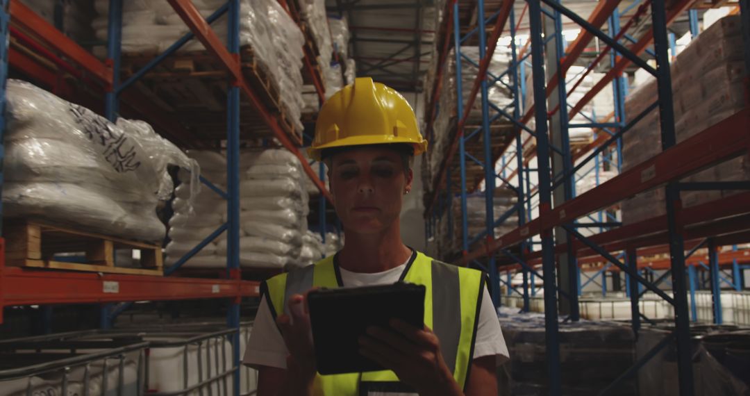 Female Warehouse Worker Using Digital Tablet and Wearing Safety Helmet - Free Images, Stock Photos and Pictures on Pikwizard.com