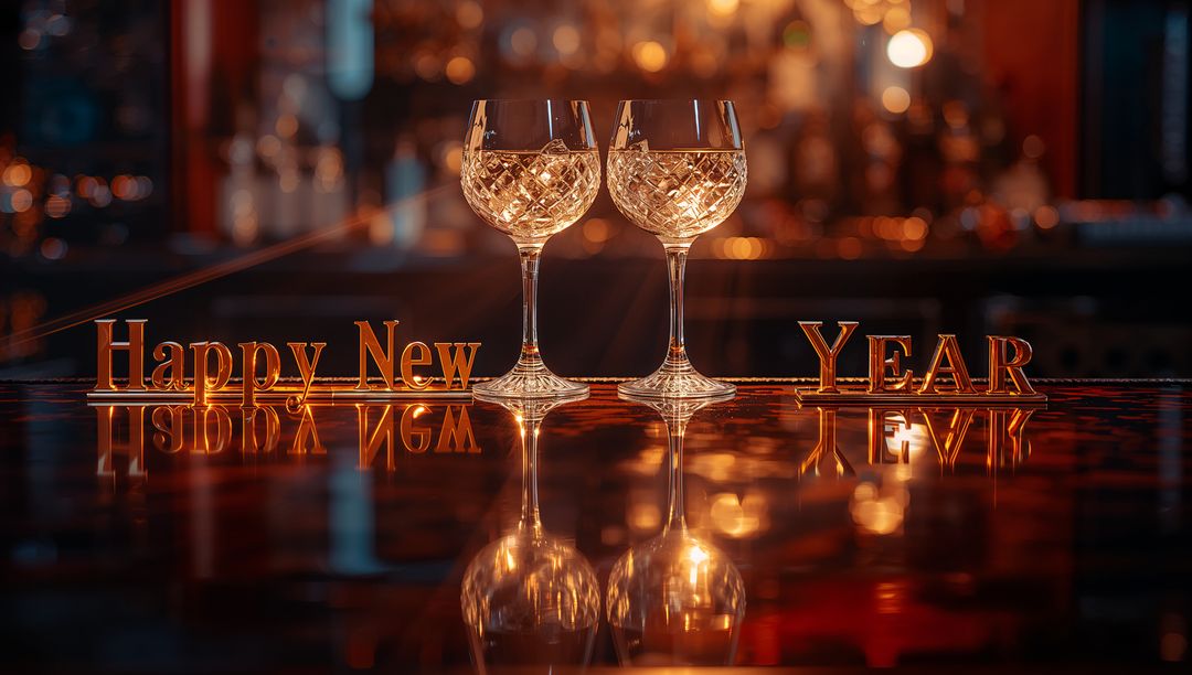 Glowing Cut-Crystal Wine Glasses Reflecting on Polished Bar with Metallic Happy New Year Letters
