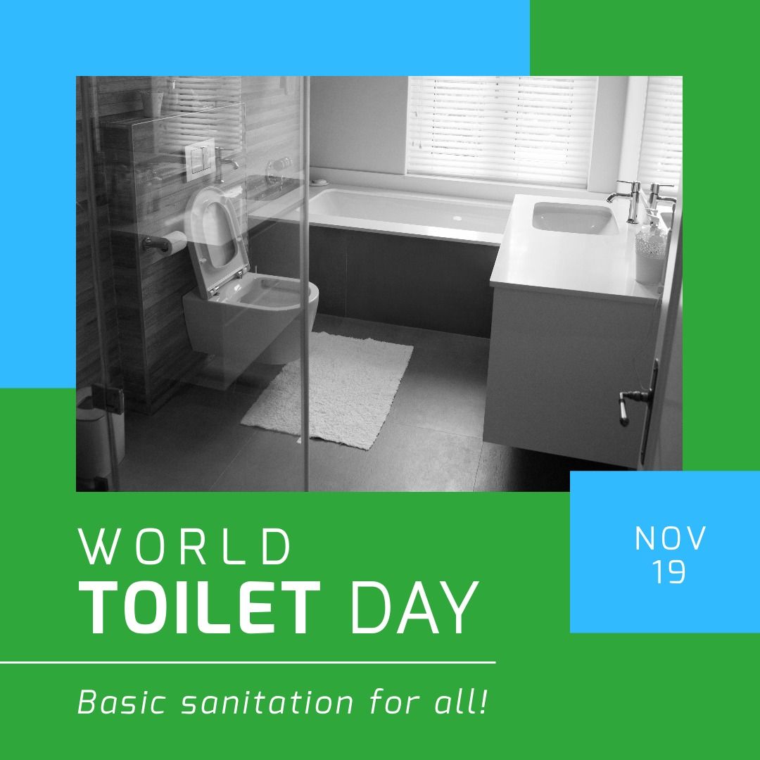 Square image of world toilet day and sanitation text on green and toilet in modern bathroom - Download Free Stock Templates Pikwizard.com