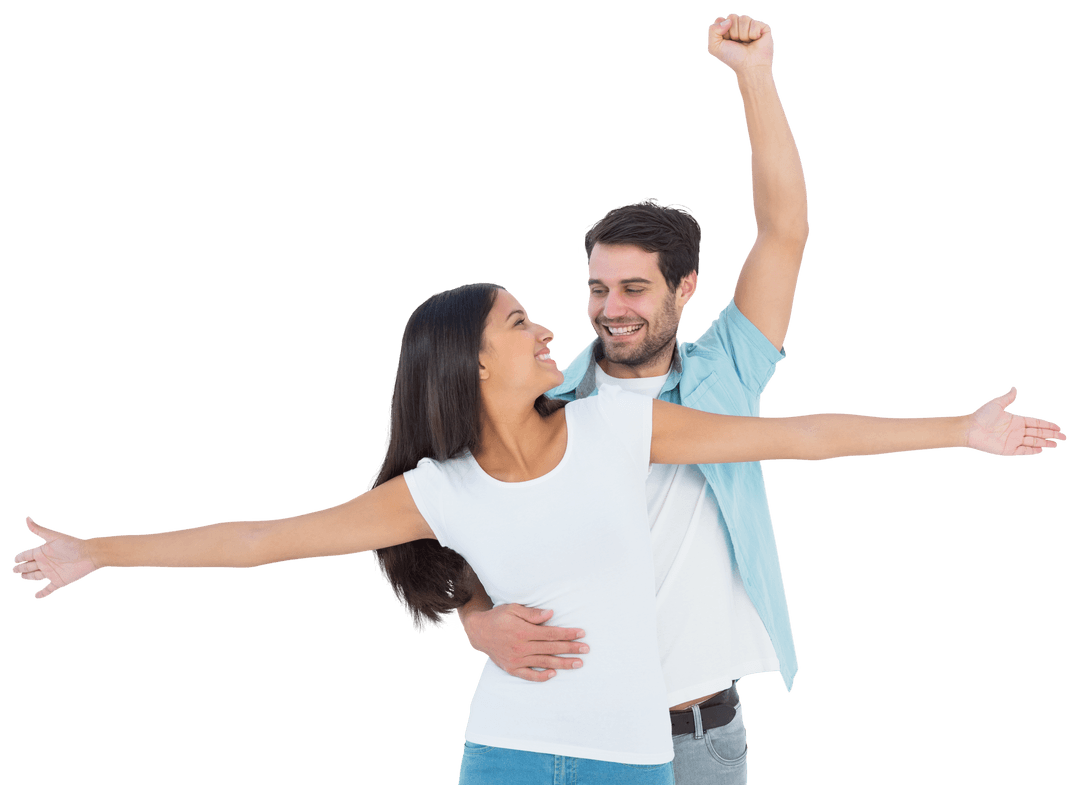 Transparent Cheering Casual Couple Embracing Joyfully