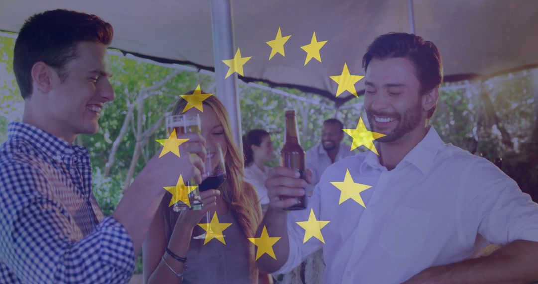Friends Toasting Drinks in Backyard Through European Unity Symbol