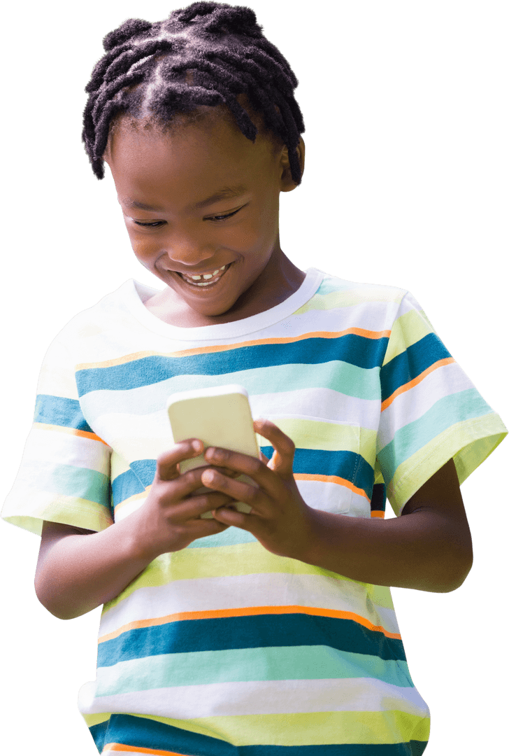 Happy Boy Using Smartphone Isolated on Transparent Background