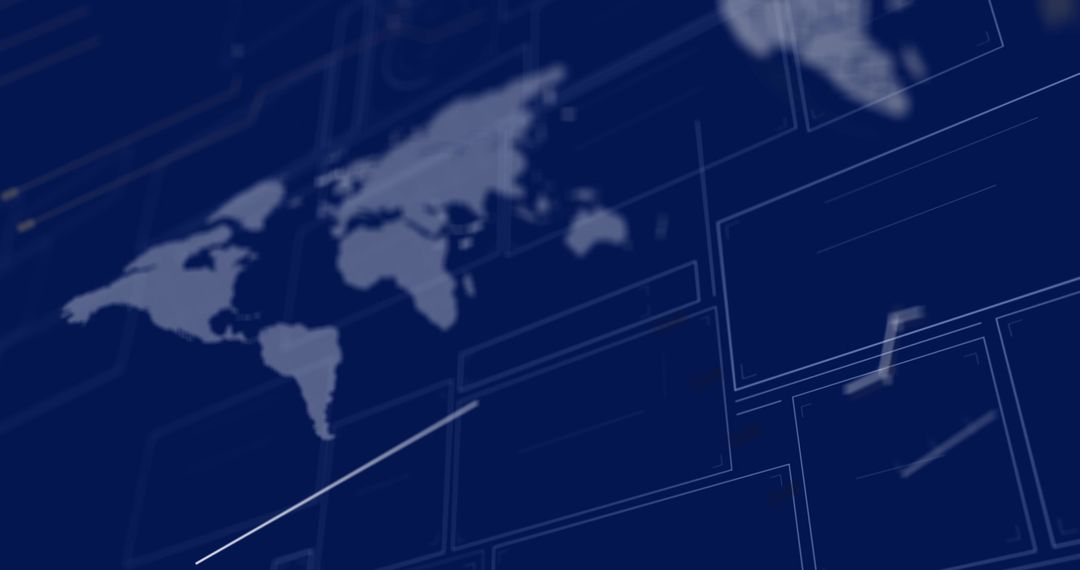 Abstract Digital Interface with World Map Overlay on Blue Background