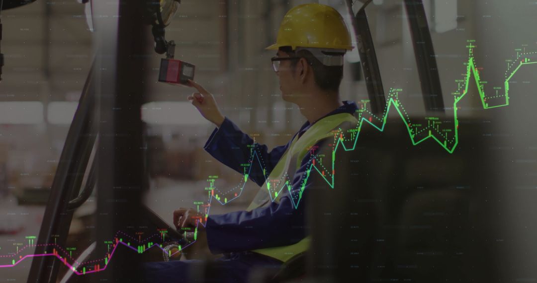 Warehouse Worker Operating Forklift with Financial Data Overlay