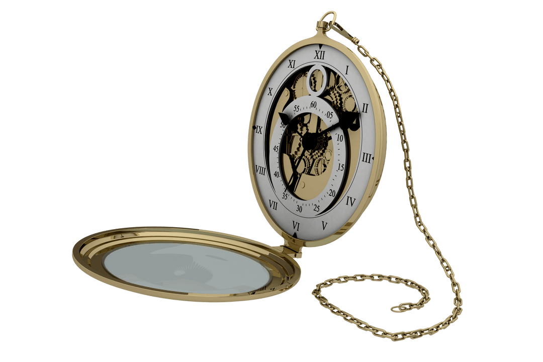 Elegant Transparent Gold Pocket Watch with Chain Illustrating Timeless Design