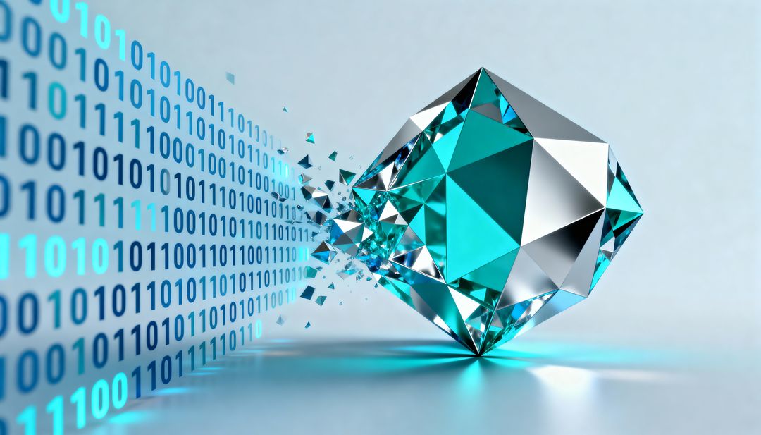 Faceted Teal Crystal Breaking Through Binary Code Wall, Digital Prism and Data Fragments