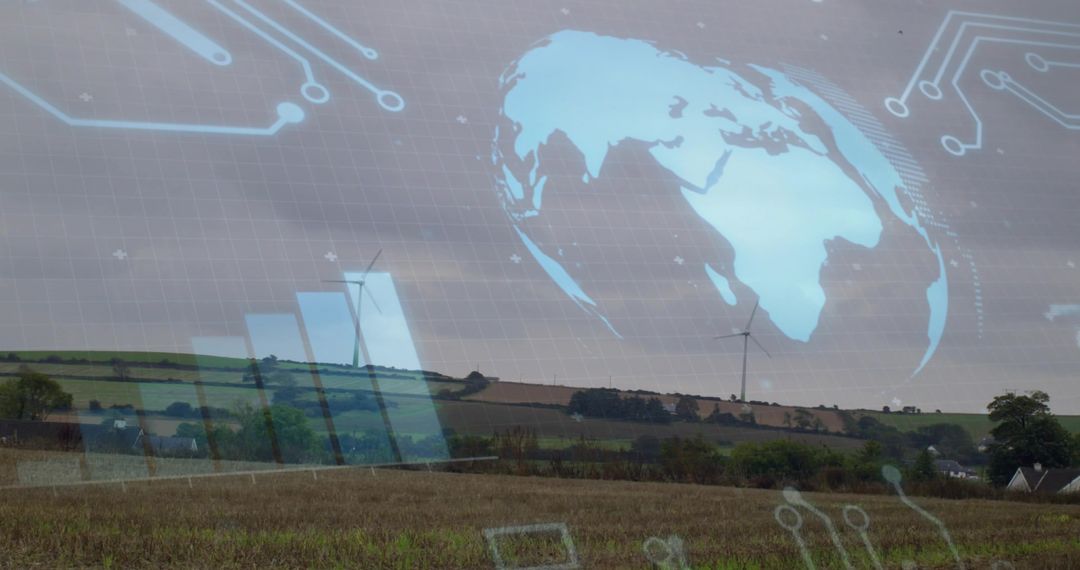 Rural wind energy concept with harvested field, wind turbines and digital globe overlay