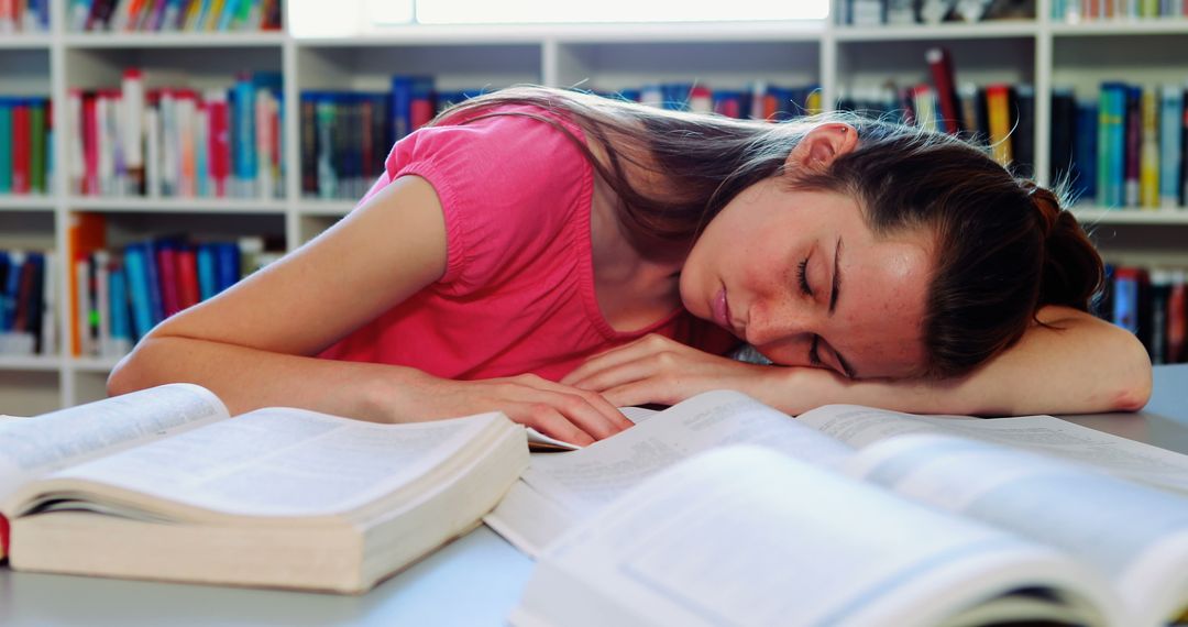 Exhausted Student Sleeping at Library Desk with Open Books - Free Images, Stock Photos and Pictures on Pikwizard.com