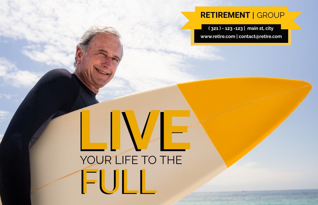 Senior Man Embracing Active Retirement Adventure with Surfboard