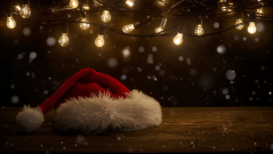 Resting Santa Hat on Rustic Wooden Table with Warm String Lights and Snow Bokeh