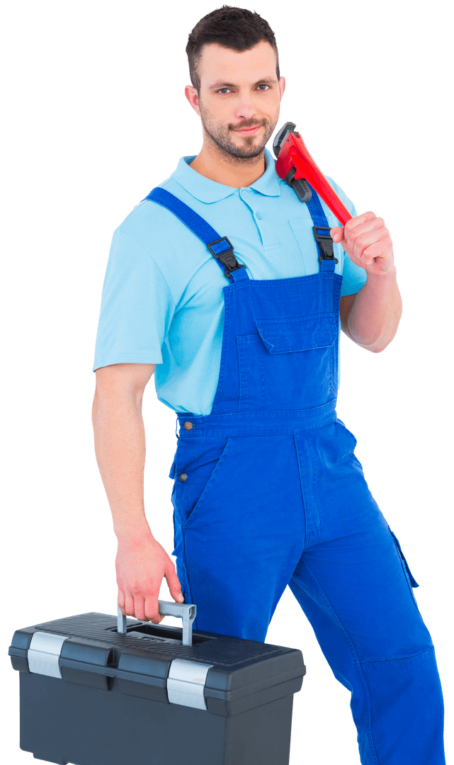 Confident Repairman Carrying Toolbox with Wrench Transparent Background