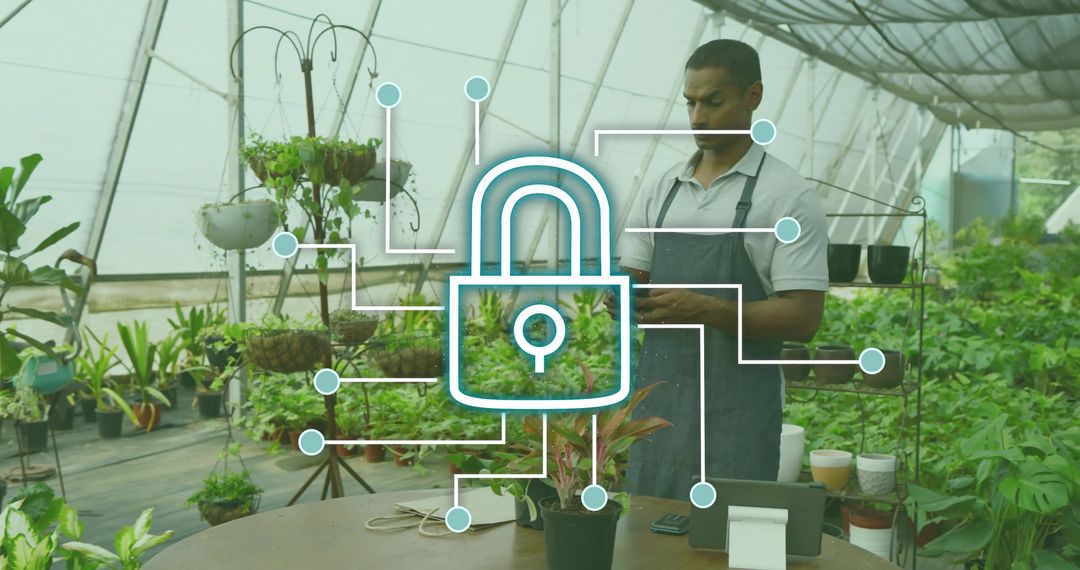 Greenhouse worker updating plant data on tablet with cybersecurity digital padlock overlay