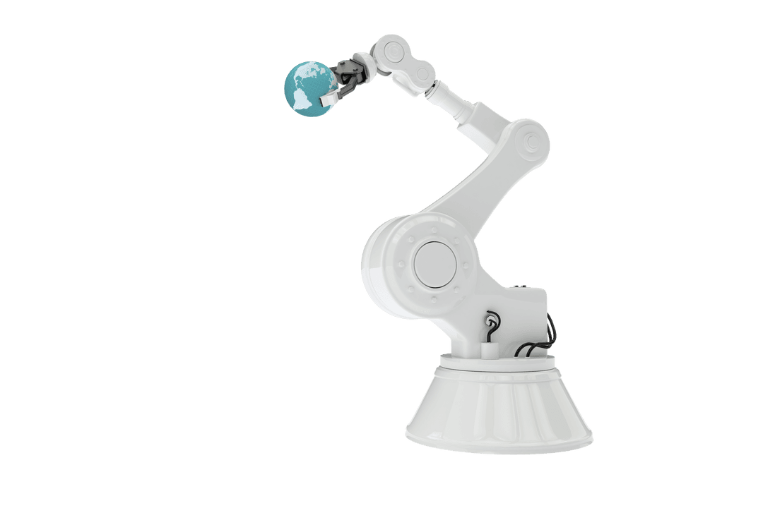 White Robotic Arm Holding Globe on Transparent Background