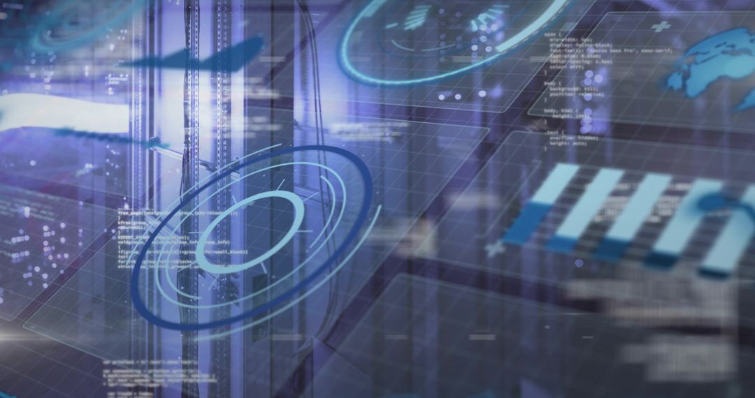 Floating Holographic HUD Analytics Overlay Projecting Rings Above Data Center Servers