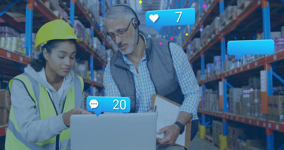 Warehouse team reviewing inventory on laptop with supervisor and digital alerts