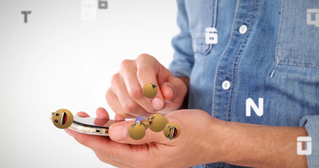 Man Using Smartphone with Floating Emojis Social Media Concept
