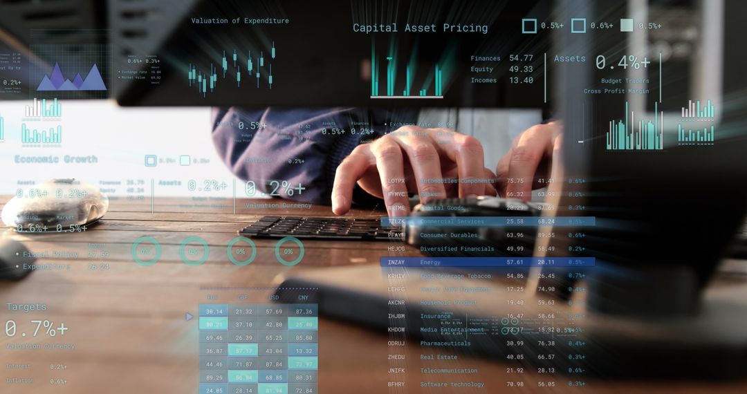 Businessman Analyzing Data with Financial Translation Overlays