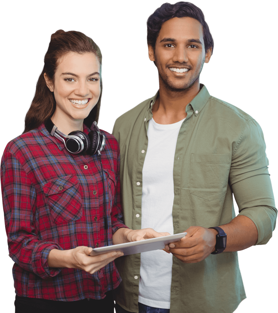 Smiling Professionals with Digital Tablet in Transparent Background