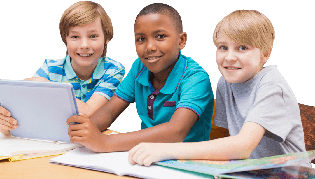Diverse Schoolchildren Study on Electronic Tablet Library Transparent Background