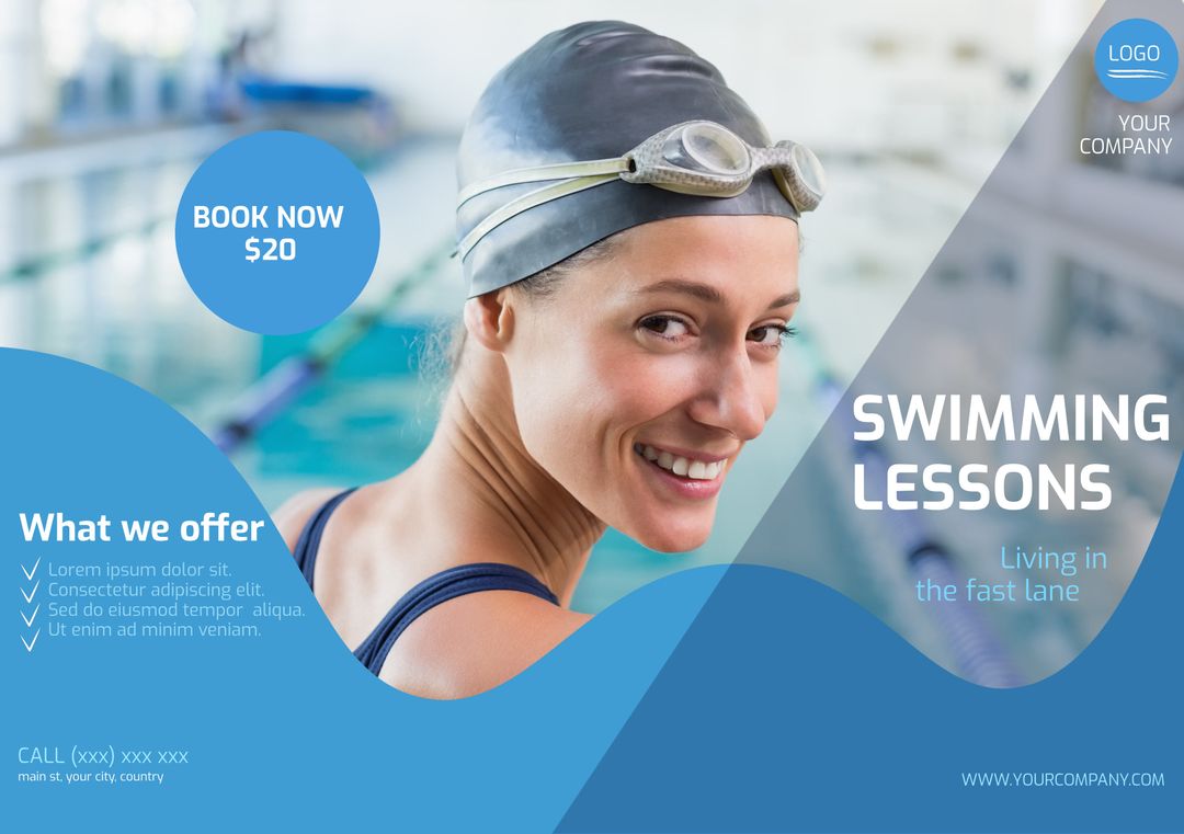 Smiling Swimmer Promoting Swimming Lessons With Enthusiastic Message - Download Free Stock Templates Pikwizard.com